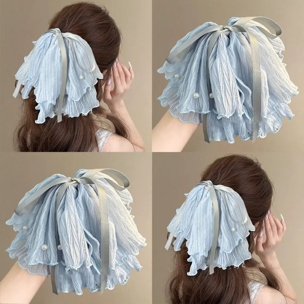 Super Fairy Bow Mesh Pearl Grab Clip Elegant Korean Style Pearl Bow Half-tie Hair Clip Headwear Ponytail Headband