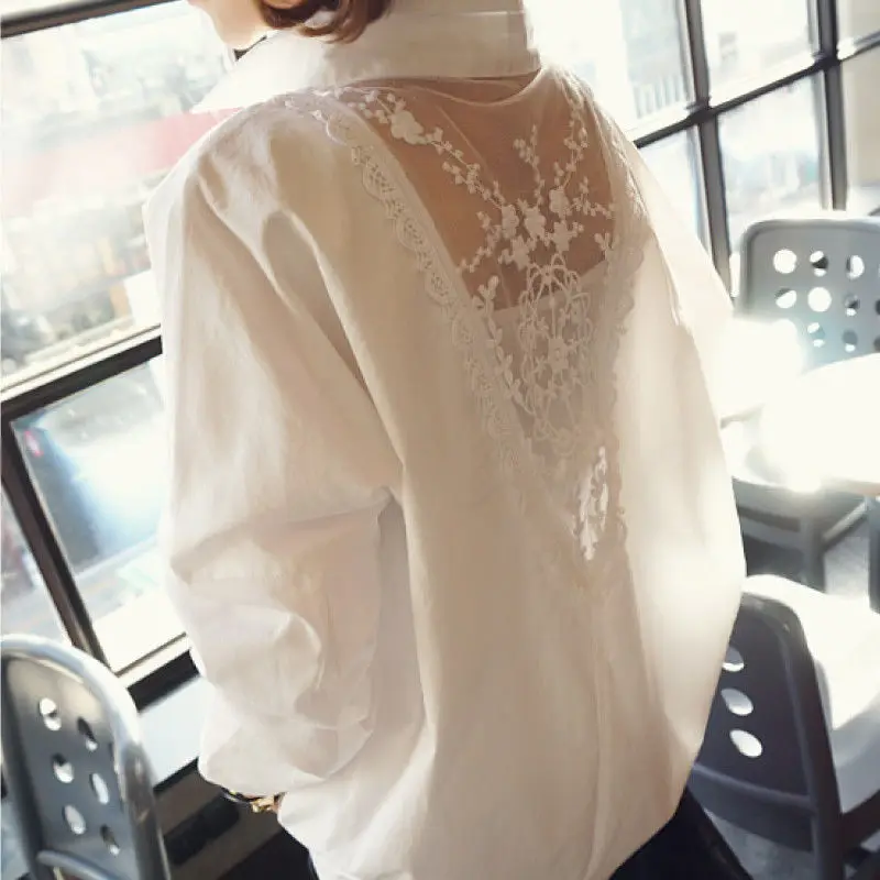 Fashion V-Neck Embroidery Gauze Spliced Hollow Out Oversized Loose Blouse Summer and Autumn Casual Women Clothing Commute Shirt