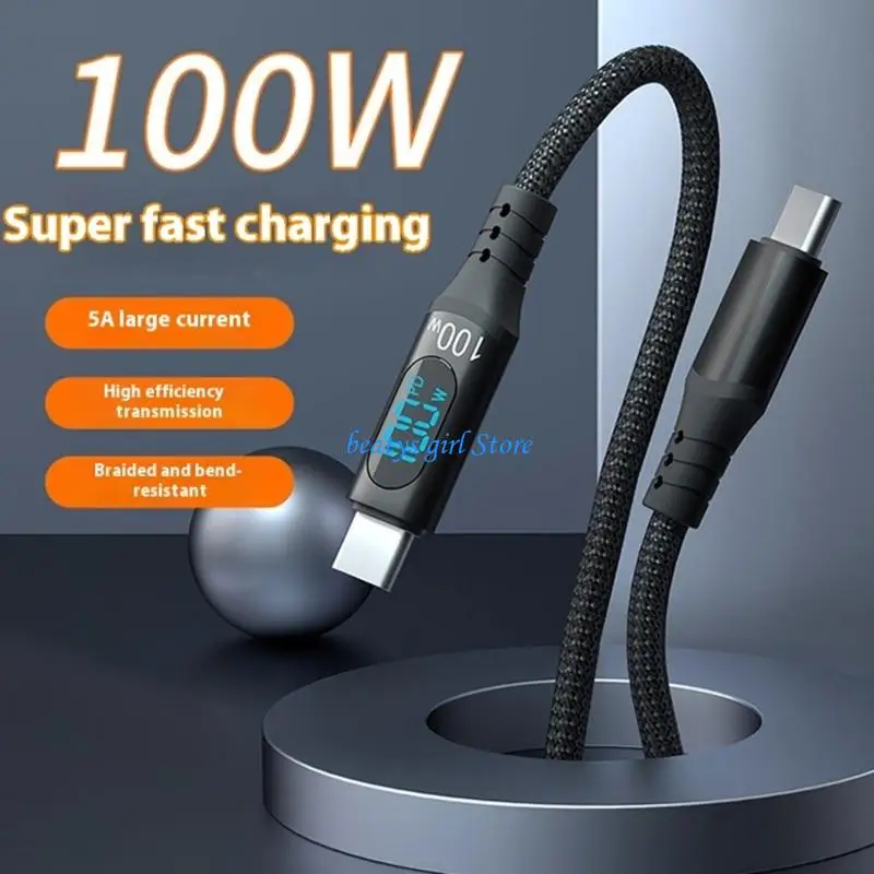 C7AB Heavy Duty Braided USB C Cord 1M 100W 5A Fast Real Time Power Digital Monitor for Smartphone Tablet