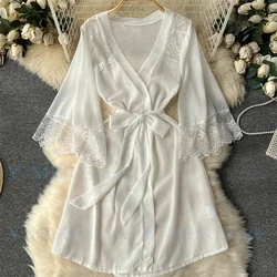 Women Chiffon Kimono Bride Wedding Robes Sexy Lace Patchwork Nightgown Short V Neck Sash Nightie Dress Transparent Lingerie