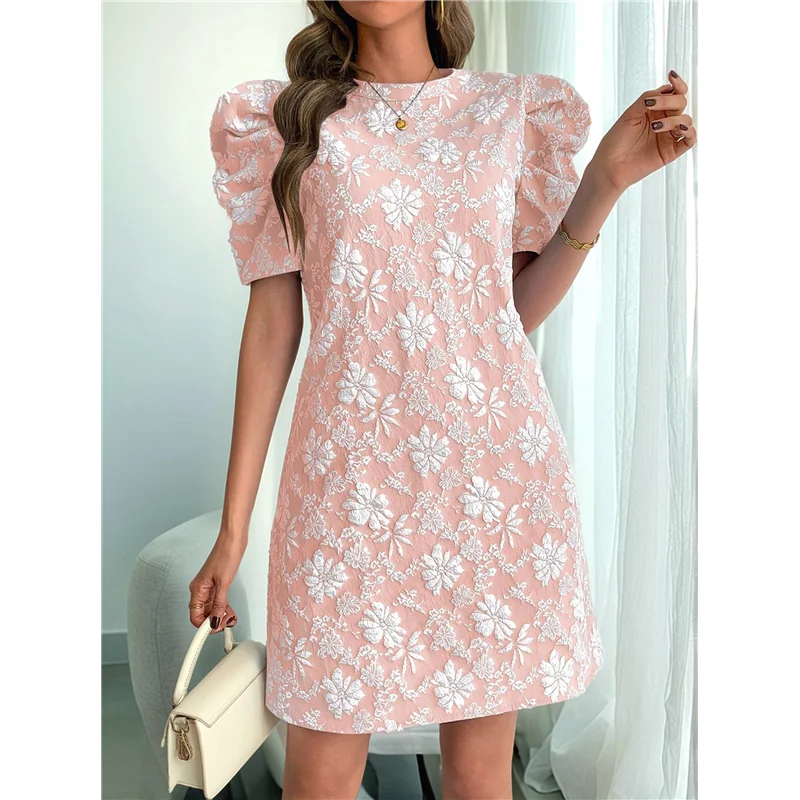 ABRT-Women's Floral Puff Short Sleeve Mini Dress High Waist Summer Boho Short Dresses