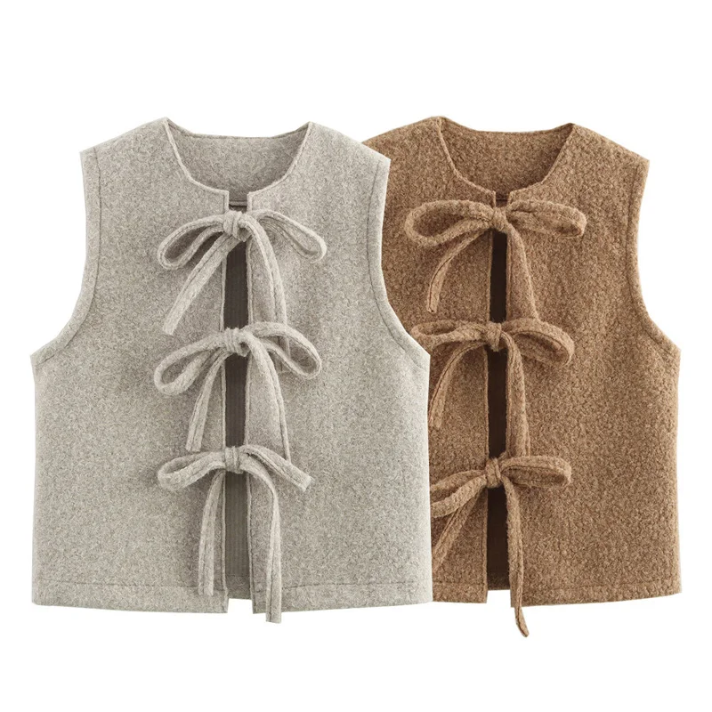 TRAF Women's Vest Tweed Bow Waistcoat Women Brown Grey Sleeveless Vest Women New Outerwear Cropped O-Neck Butterfly Vest Gillet