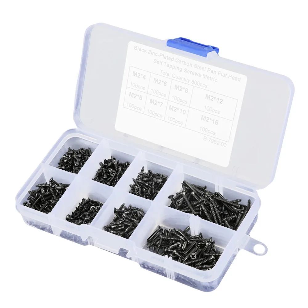 

800pcs Black Carbon Steel Self Tapping Screws 800pcs Set Flat Head M2 Screws Cross Head Countersunk Cross Screws