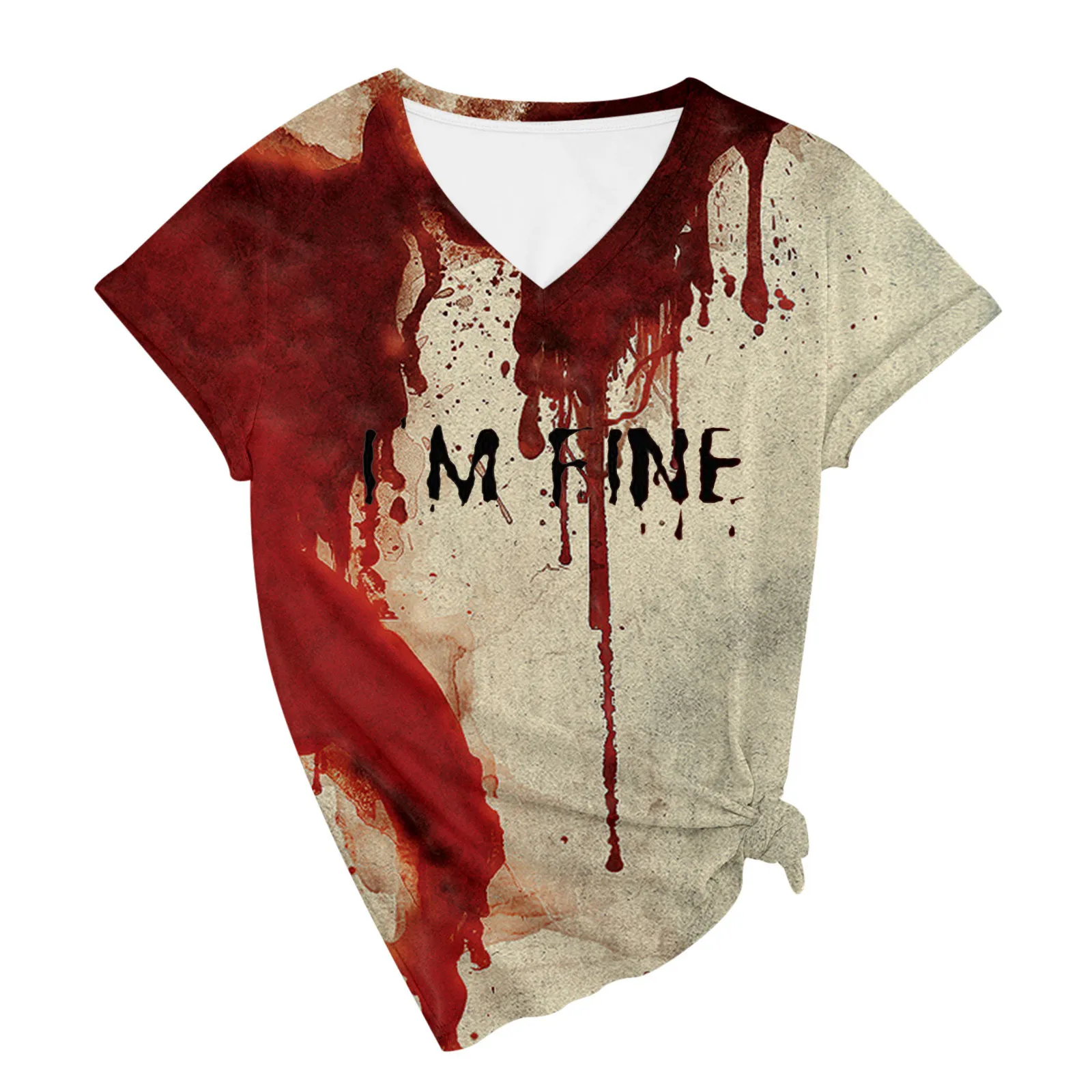 Ik Ben Prima Blutige Handprints T-Shirt Halloween V-Hals Print T-Shirt Met Korte Mouw Vakantie Feest Distressed Bloody T-Shirt