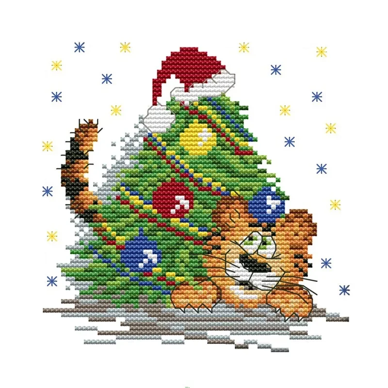 Joy Sunday Cotton Thread Cross Stitch Kits 11CT 14CT Printed The Naughty Little Christmas  Tiger Cross Stitch  Embroidery Kit