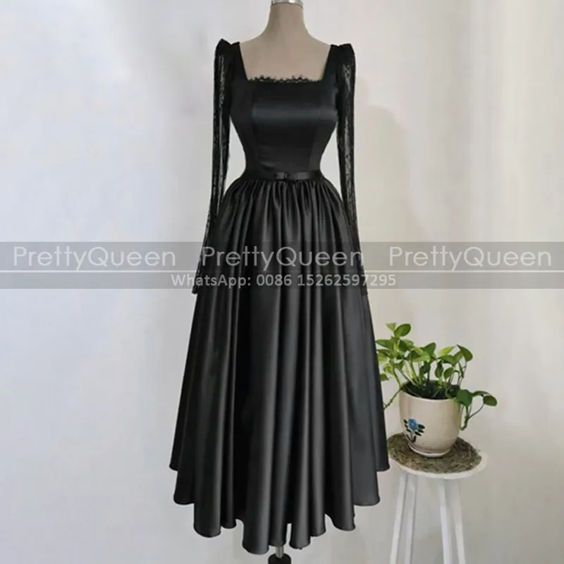 

Black A Line Evening Dress Sheer Lace Long Sleeves Square Neck Customized Tea Length Prom Dresses Party For Women