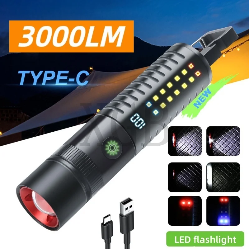 LED Flashlight with LCD Power Display Handlight High Lumens Strong Light Waterproof Handlamp Outdoor Camping Mini Torch Light