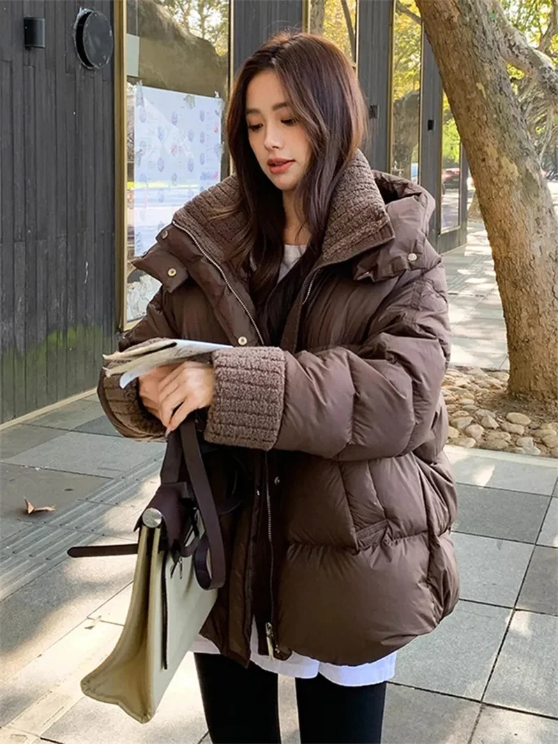 Coffee Colored Down Cotton Jacket For Women In Winter 2024 New Loose Lambhair Collar Cotton Jacket With Thick Coat