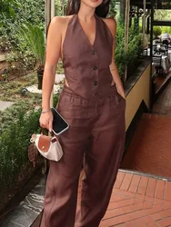 TRAFZA Vintage Chic Women Suit Solid Halter Single Breasted Vest Straight Button Loose Pants Fashion 2024 Autumn Office Lady Set