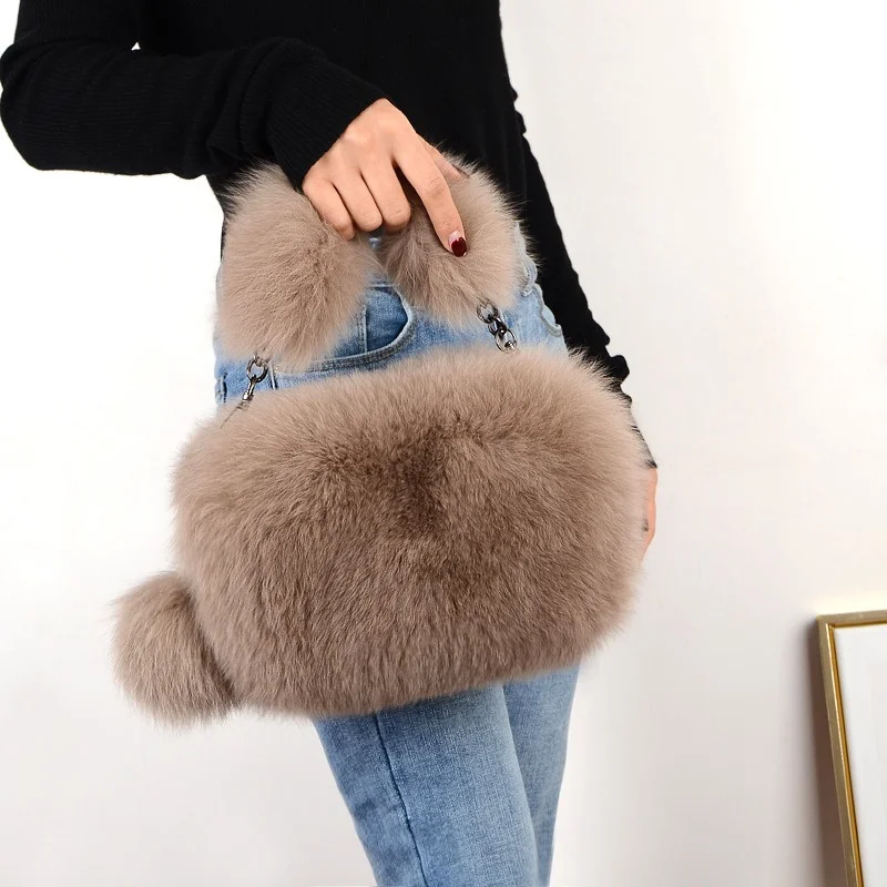 Bolso cuadrado pequeño de piel de zorro para mujer, bolso de mano de lujo, bolso cruzado de hombro de felpa esponjosa, moda de invierno, nuevo