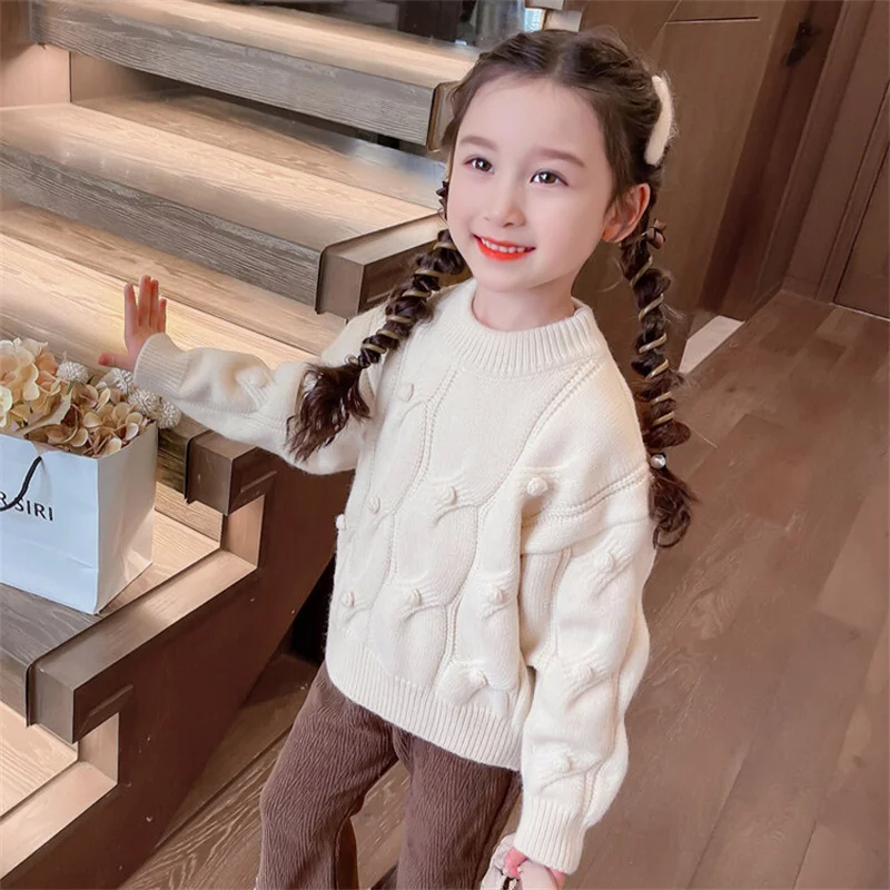 

Girls Sweater Wool Coat Kids Tops Knitting 2024 Hairball Thicken Warm Winter Autumn Pullover Christmas Gift Sport Children's Clo