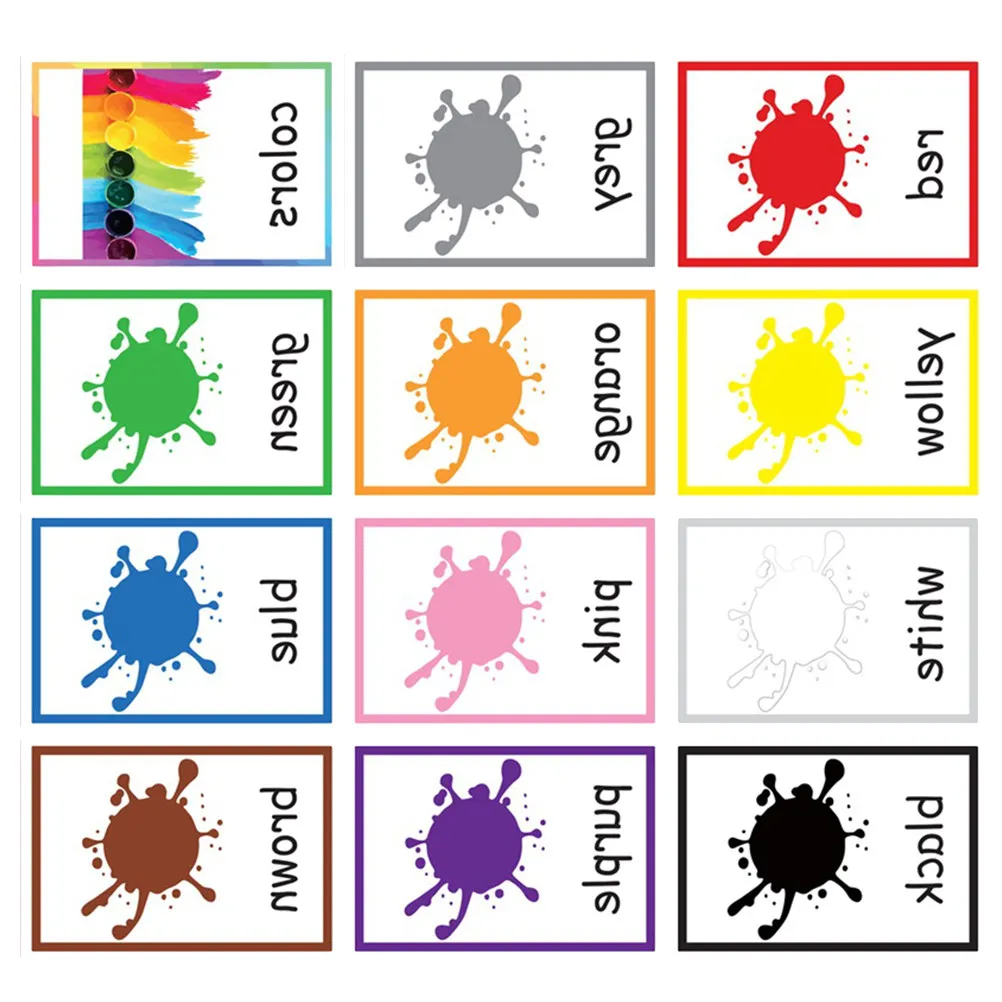 

12 Sheets Color Words Flash Cards for Children English Letters Learning Educational Game Waterproof Cognitive Cards Matching