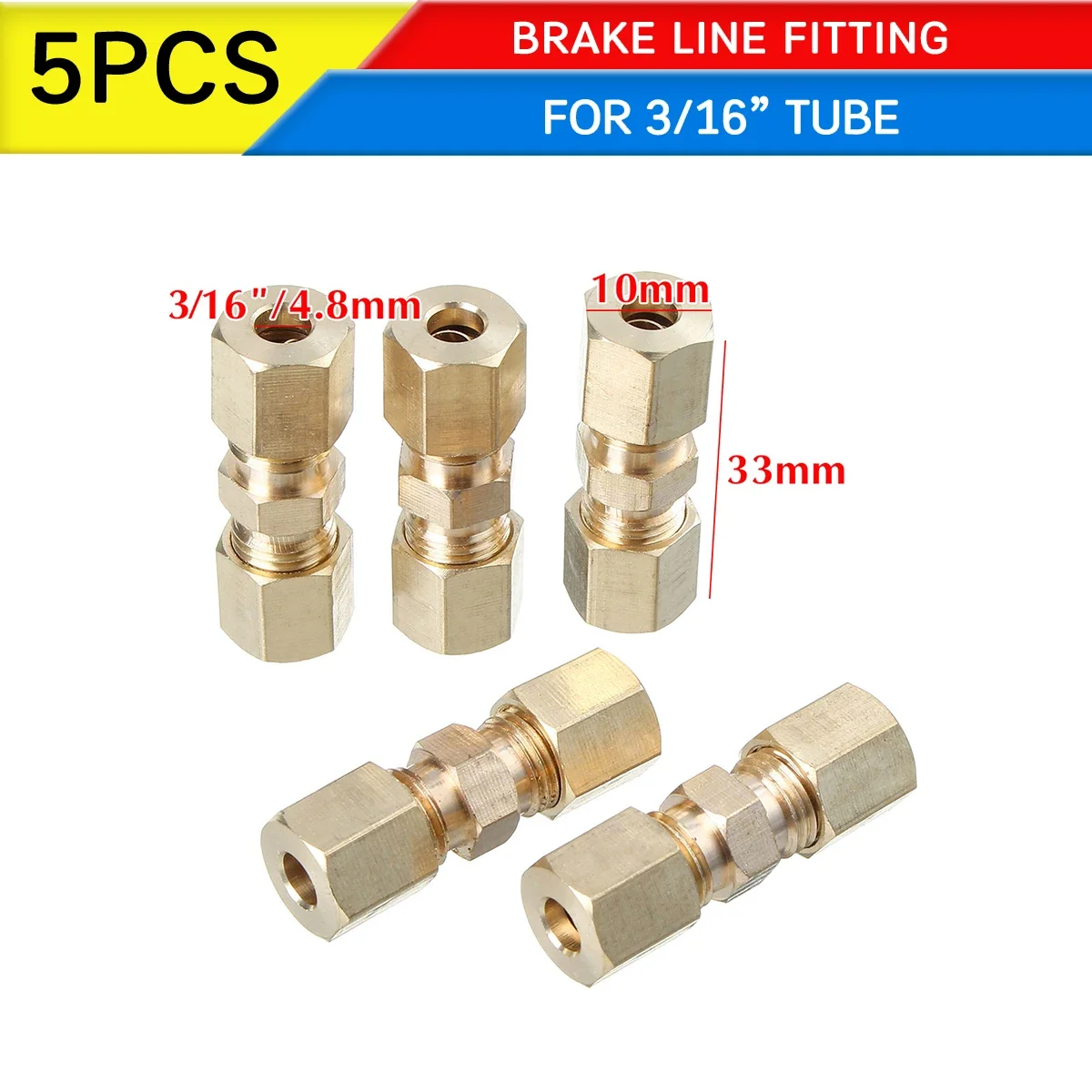 Hydraulic Brake Lines Union 5PCS 33 x 10mm Brass Straight Reducer Compression Fitting Connector 3/16\