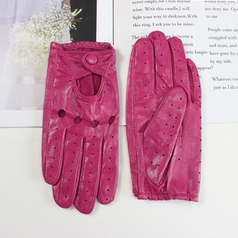 Guantes coloridos para ciclismo al aire libre de cuero genuino de piel de cabra de alta calidad transpirables huecos a la moda para mujer primavera