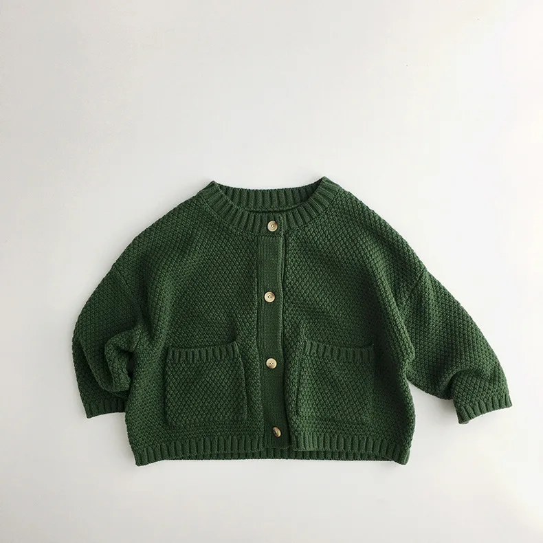 Kids Solid Color Knitted Cardigan, 2025 New Autumn Winter Boys Waffle Knit Button Front Sweater with Pockets