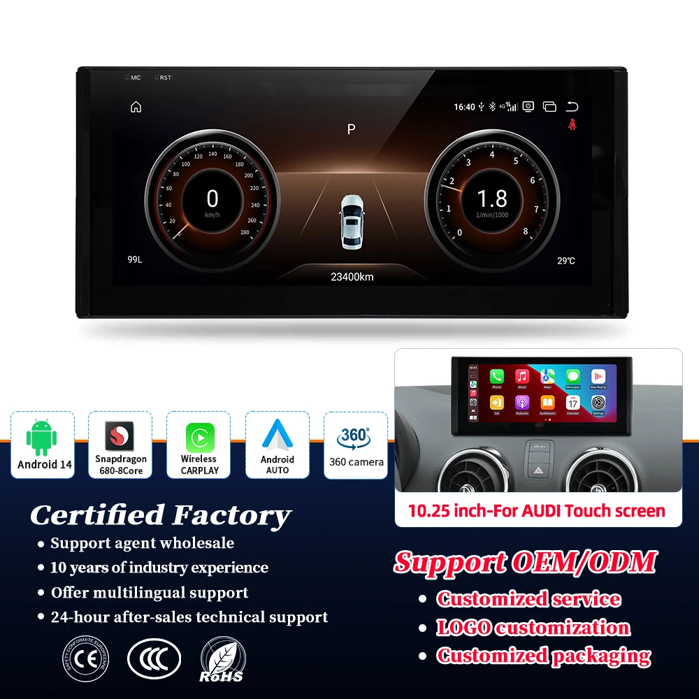 

10.25" Android 14 Snapdragon 665 8 CORE Carplay Auto Q3 A1 A3 Q2 2013 2015 2016 2017 2018 GPS Car Player 4G BT