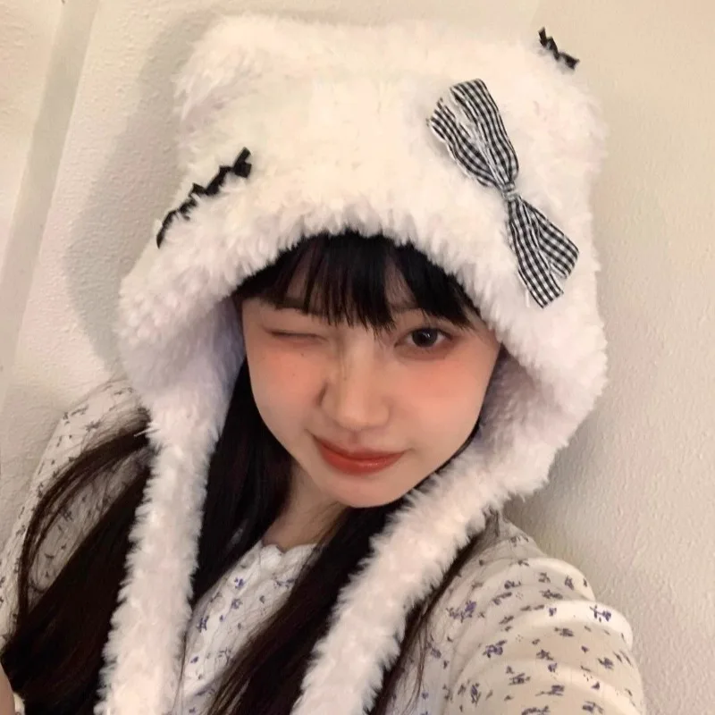 Sweet Bow Plush Bomber Cap Women Winter Thick Women Keep Warm Windproof Ear Protection Cute Pom-pom Beanie Hat with  Lace Up