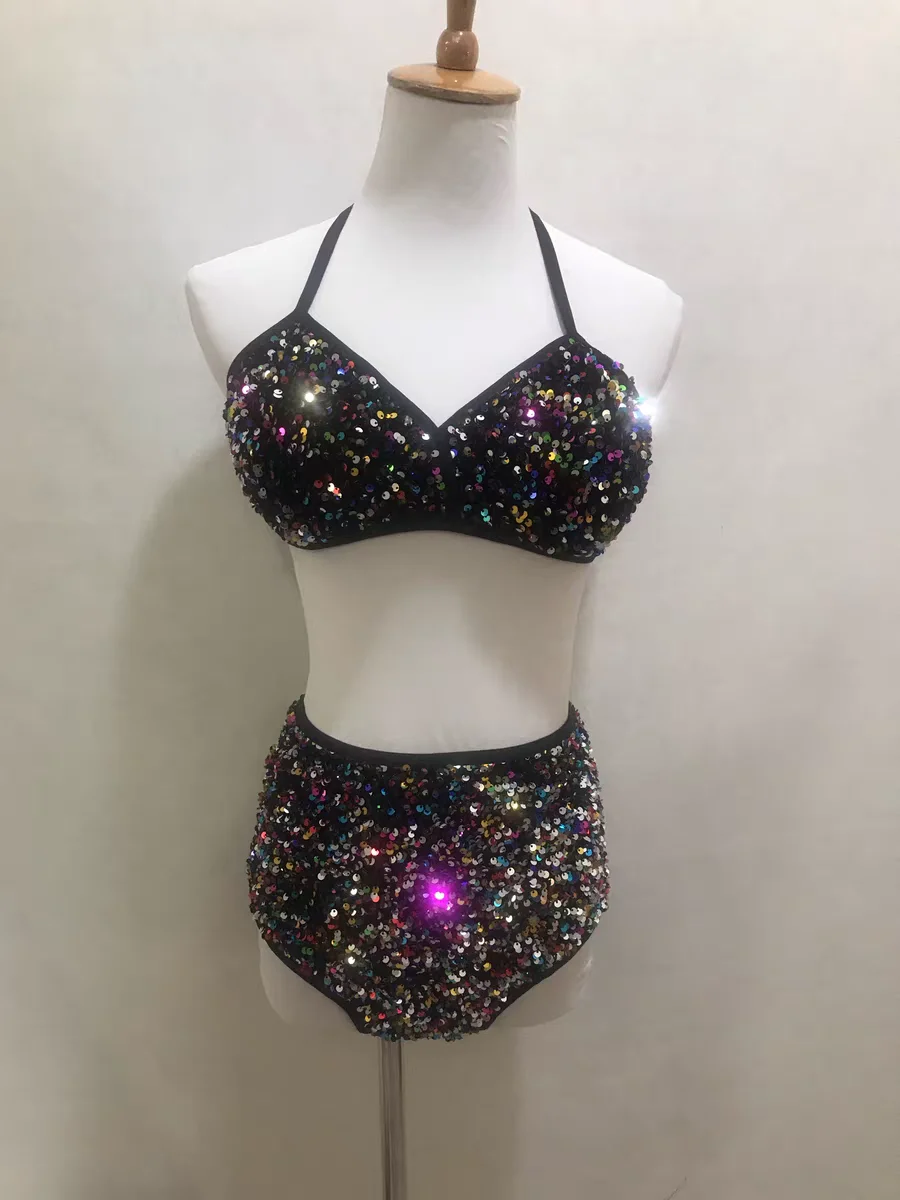 Women Sexy Colorful Sequins Stage Outfit Two Pieces Bikini Gogo Costumes Pole Jazz Dance Outfits