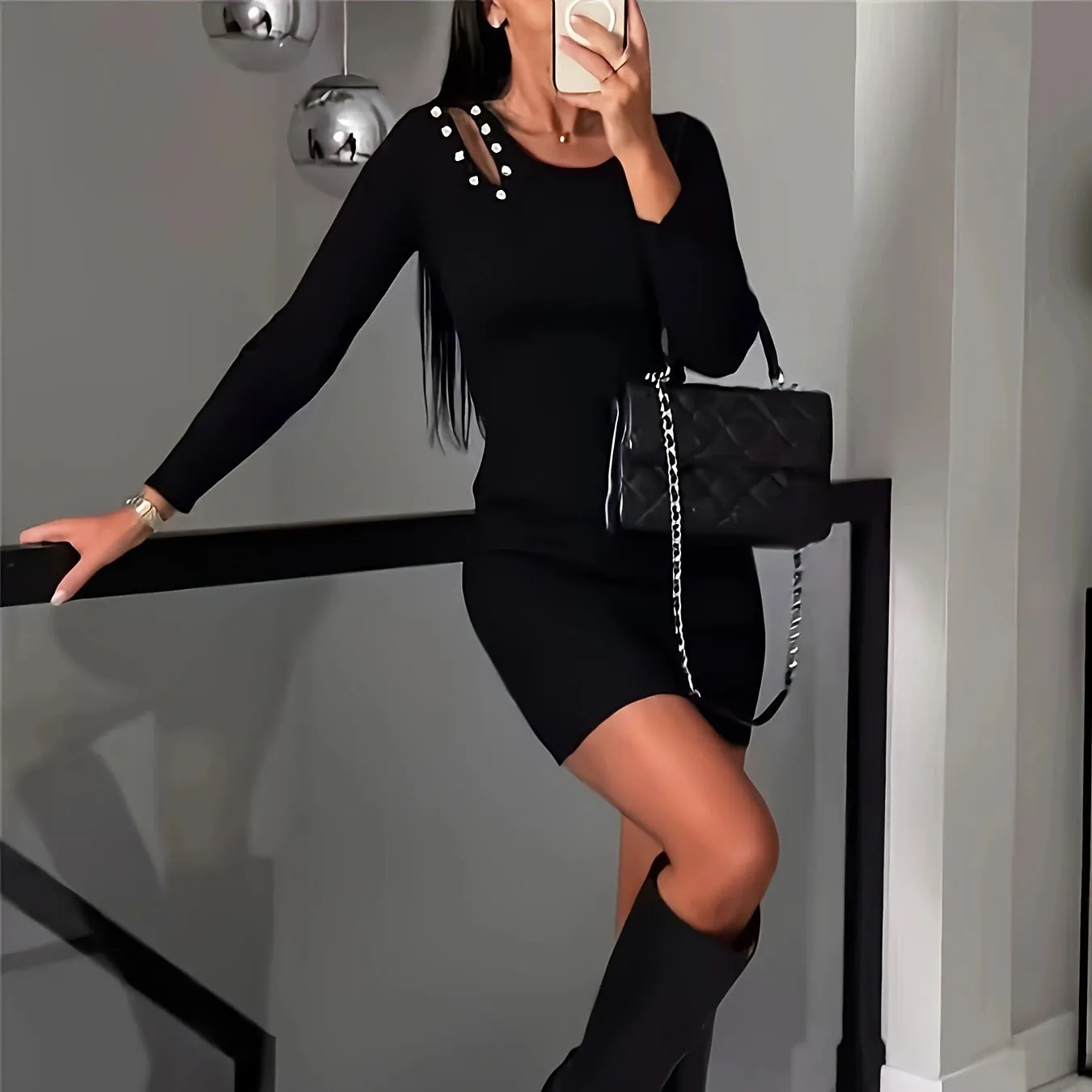Women's Black Ribbed Knit Round Neck Side Button Long Sleeve Fitted Elegant Casual Daily Party Mini Dress