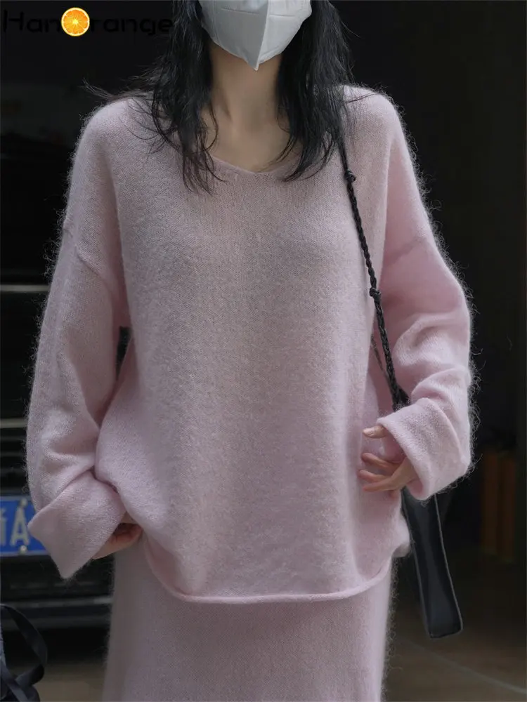 

HanOrange 2024 Spring Lazy V-neck Mohair Sweater Women Loose Comfortable Hollow Knit Top Female Pink/coffee