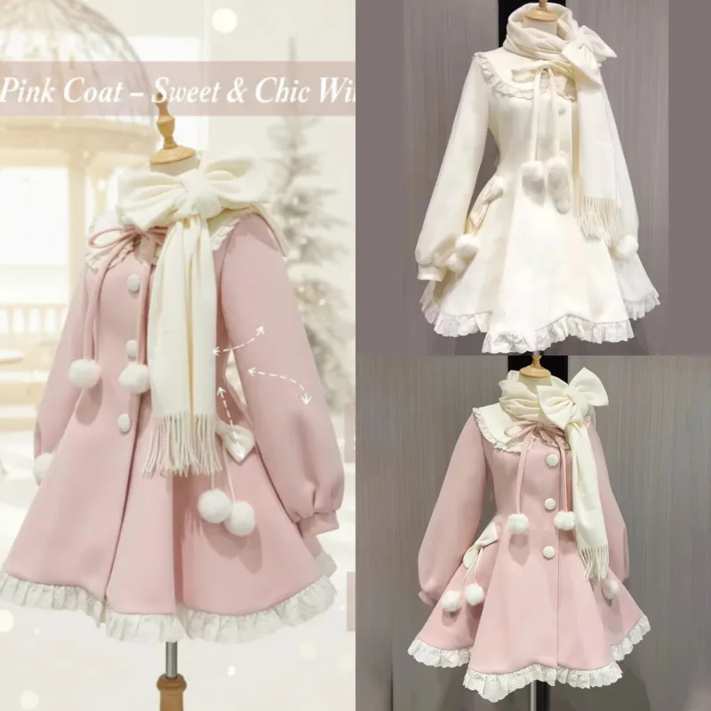 

Chic Coat Bow Dresses Midi Dresses Fall Winter Wool Scarf Set Sweet Petite Women Two-Piece Outfit Elegant Soft Warm Layered Set