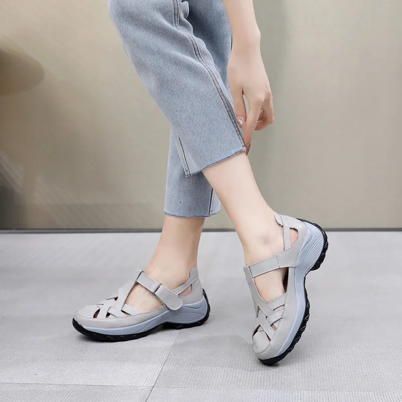 GKTINOO Women Platform Sandals Genuine Leather Comfy Flats Comfortable Ladies Casual Shoes White Sneakers Hollow Female Sandals