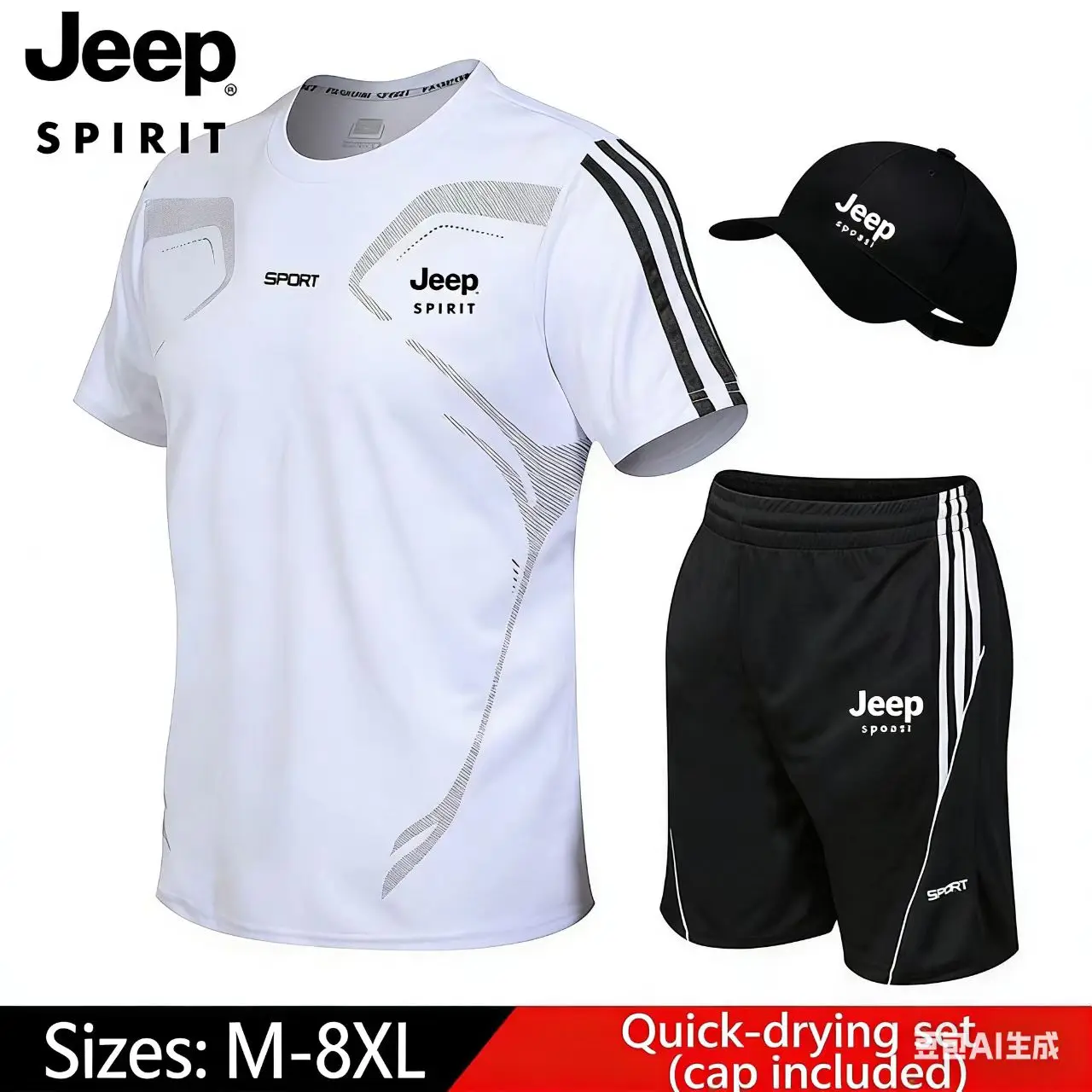 

JEEP Sportswear Set for Men - Summer Quick-Dry Breathable Short Sleeve Shorts Large Size Casual Running Two-Piece Set
