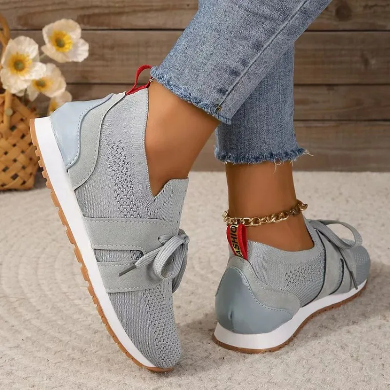 New Blue Knit Breathable Sneakers Shoes Women Soft Sole Platform Flats Vulcanize Shoes Woman Plus Size 43 Non Slip Casual Shoes