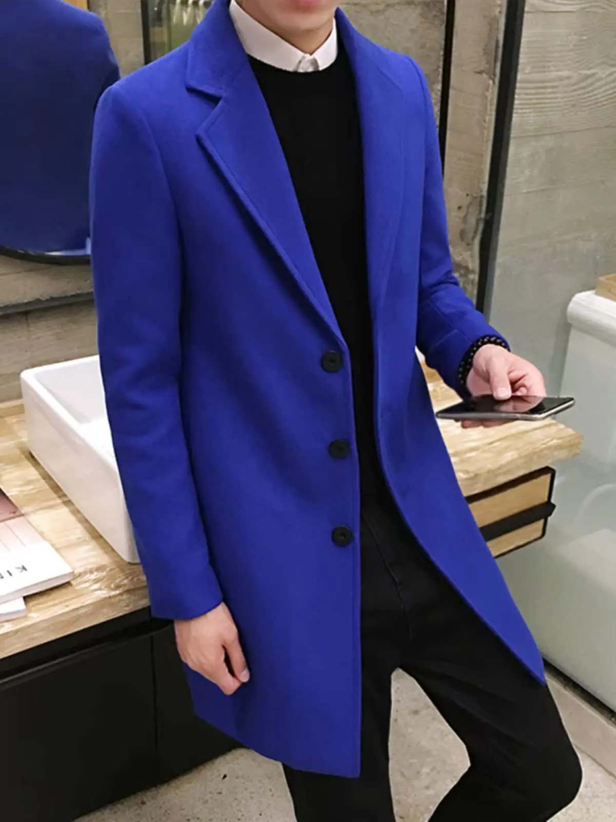 معطف صوفي عصري للرجال متوسط الطول سميك للخريف والشتاء أنيق مقاوم للرياح بأسلوب شبابي كاجوال بإغلاق بزر واحد #3