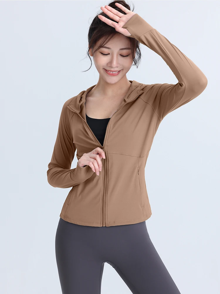 Women's Zipper Yoga Top Warm Plush Slim Fitness Coat Thumbhole Elastic Hooded Sports Long Sleeve Running Casual Jacket