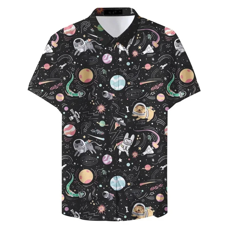 Kemeja Hawaii grafis Planet Rocket untuk pria, blus motif kartun hewan anjing 3D, kemeja Aloha lengan pendek mode Harajuku