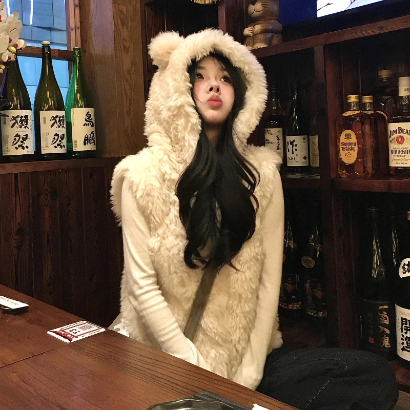 قصيرة مقنعين فو فرو الضأن سترة بلا أكمام الصلبة أفخم معطف أنيق فضفاض المرأة فروي السترات شتاء جديد دافئ رقيق بالأزرار #2