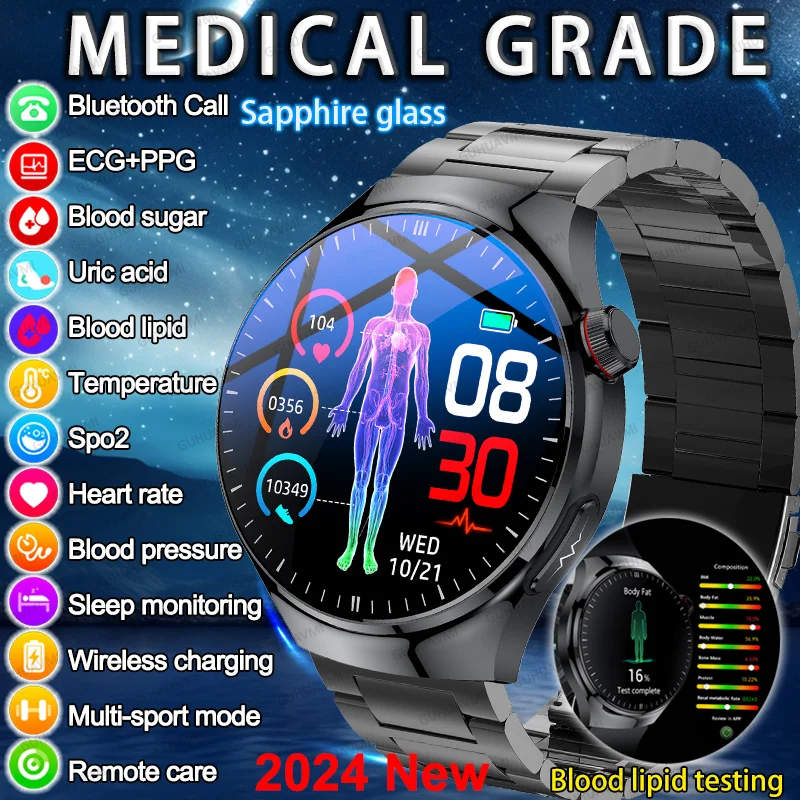 남성용 요산 혈중 지방 스마트 워치, ECG 혈당 심박수 혈압 건강 모니터링 스마트 워치, 2024 의료용 등급
