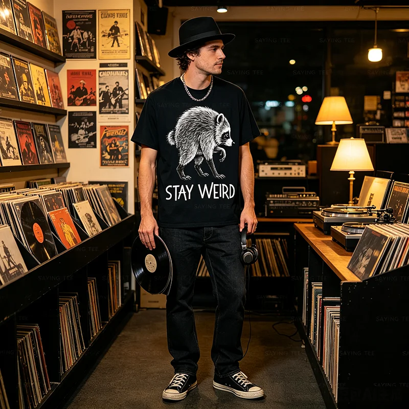 Stay Weird Funny Timothy Raccoon T-Shirt Y2k Herren Damen Baumwolle Gemütliche Oversize-T-Shirts Mode Vintage Kurzarm-Spruch-T-Shirt – Detail 5