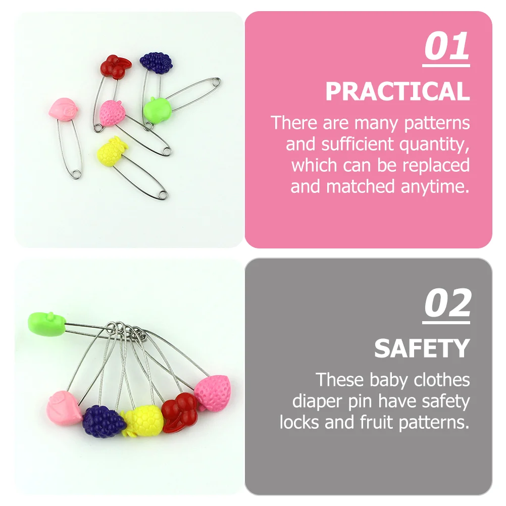 50pcs Baby Diaper Safety Pin ABS Stainless Steel Fruit Patterns Kids Clothing Brooch Nappy Clip Non Newborn