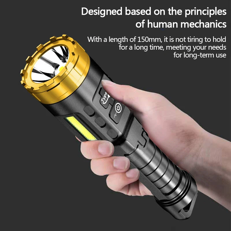 New high-intensity LED flashlight, outdoor long-range focusing, fast-charging portable flashlight with COB side light