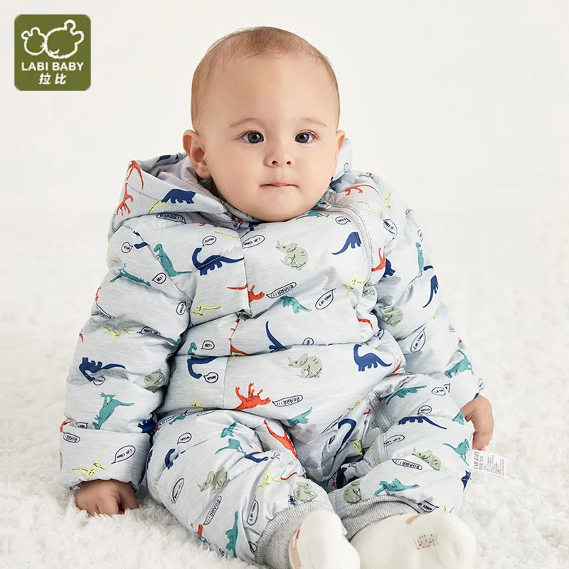 

LABI BABY Dinosaur Print Down Jacket Jumpsuits Newborn Winter Rompers Warm Hooded Overall Bodysuit Snowsuit Baby Boys Clothes