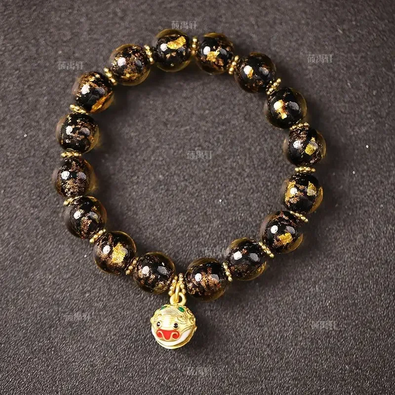 Incense Grey Coloured Glaze Gold Foil Coloured Glaze Running Lion Dance Bracelet Inner Spiritual Cultivation Hand String Buddha