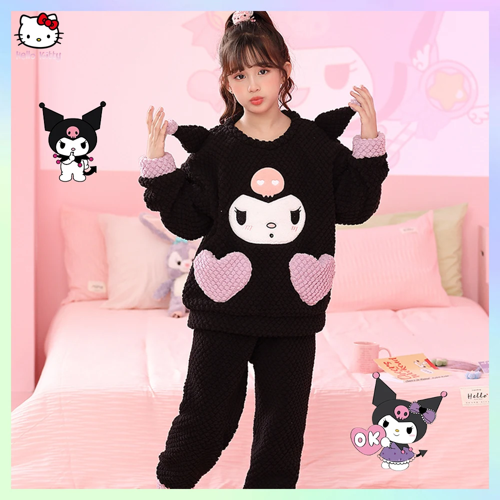 Anime Sanrios Spring Autumn Kuromi Cinnamoroll Children Flannel Pajamas Cartoon Korean Style Warm Pajama Children\'s Home Wear