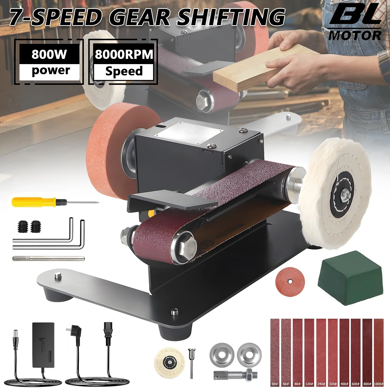 800W Mini-Bandschleifer mit variabler Geschwindigkeit, 7-Gang-Bandschleifer, elektrische Poliermaschine für Holz, Metall, Messer, DIY-Schleifwerkzeug