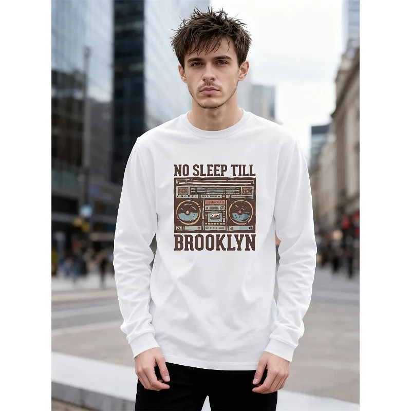 NO SLEEP TILL BROOKLYN Men's White Long Sleeve T-shirt | Classic Round Neck Pure T-shirt with Retro Boombox Pattern