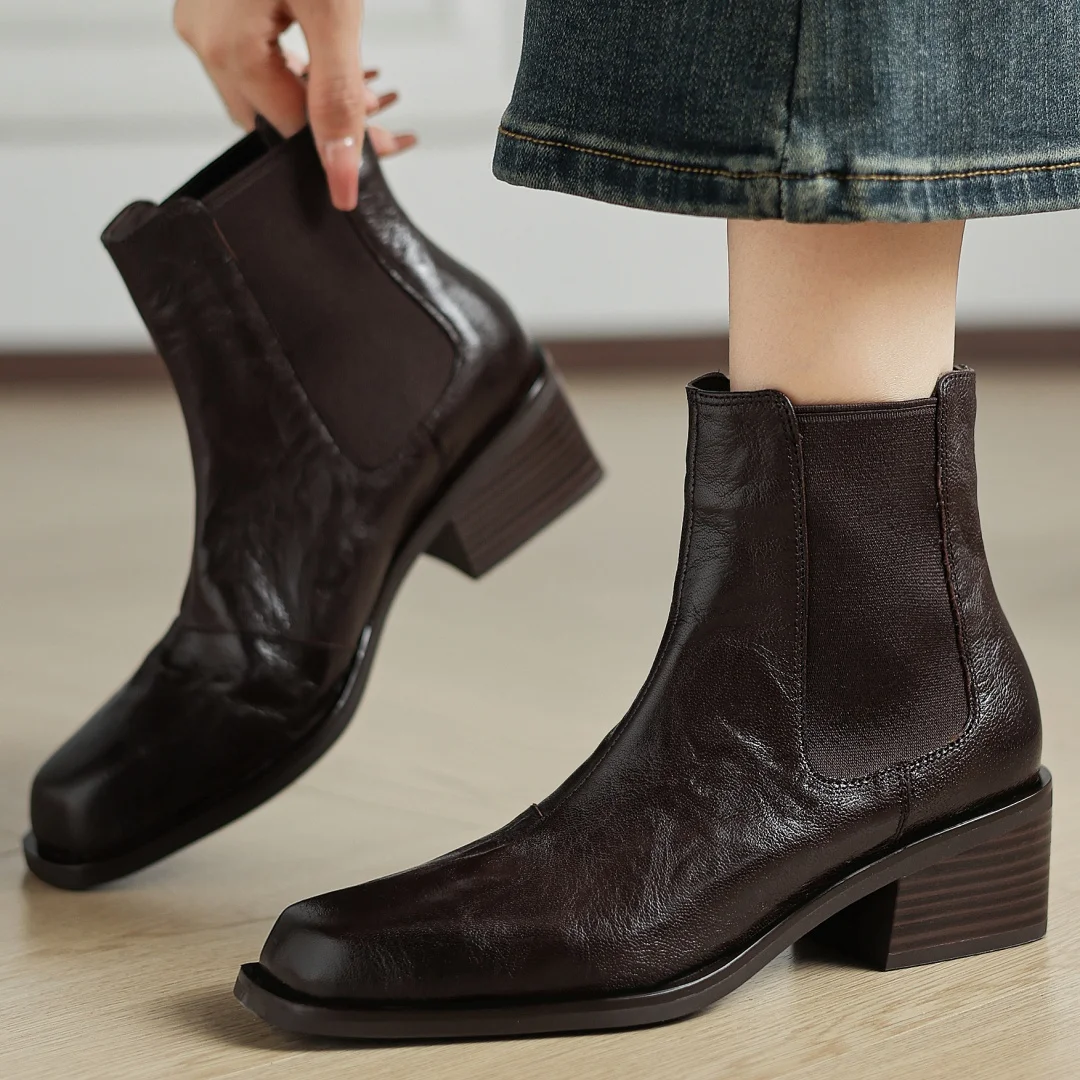 

Женские плиссированные осенние ботильоны из овчины из эластичной ткани в стиле пэчворк с квадратным носком, повседневные короткие ботильоны на среднем каблуке толщиной 5 см