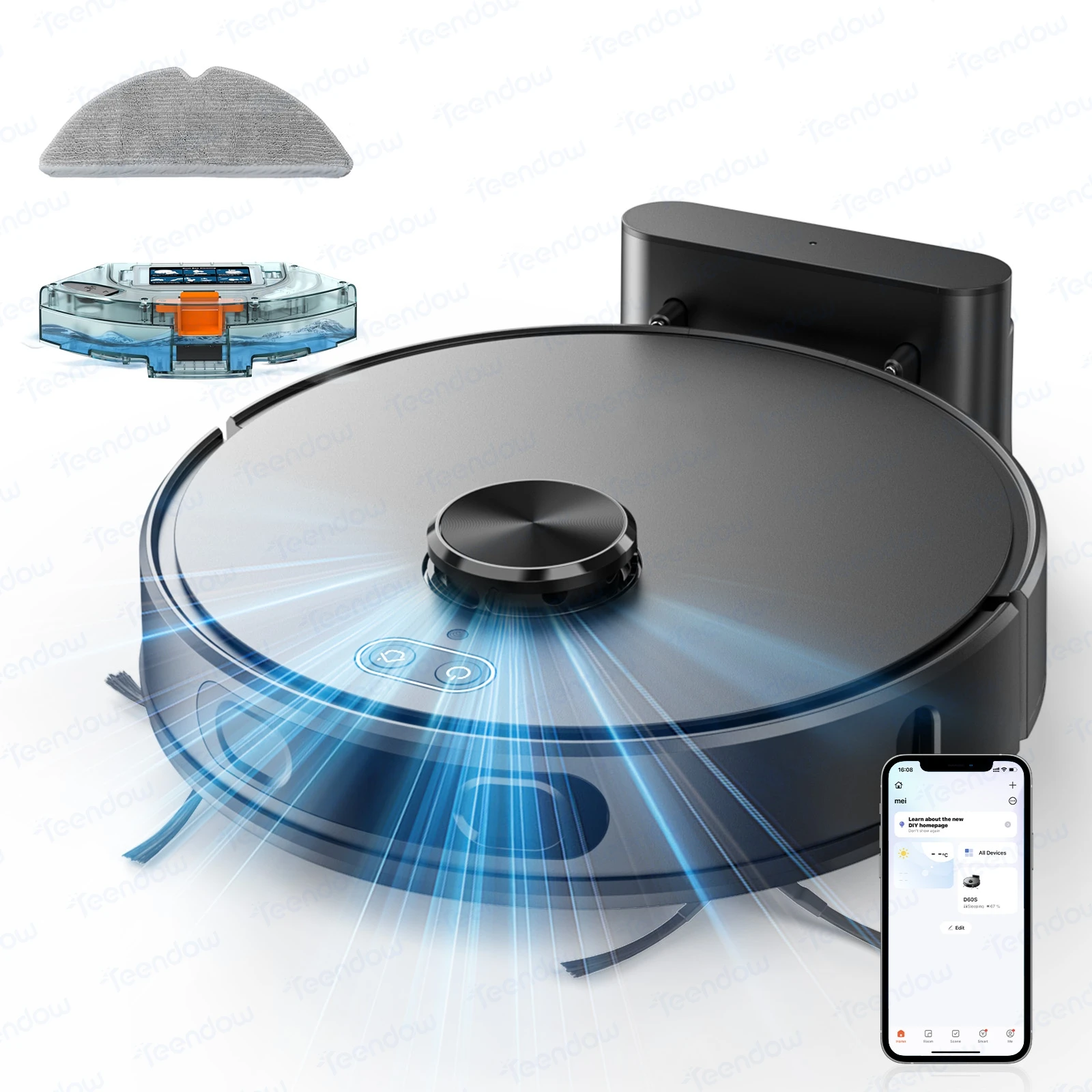 שואב אבק רובוטי Teendow 6000Pa 3 ב-1 עם טעינה עצמית לניקוי יבש ורטוב