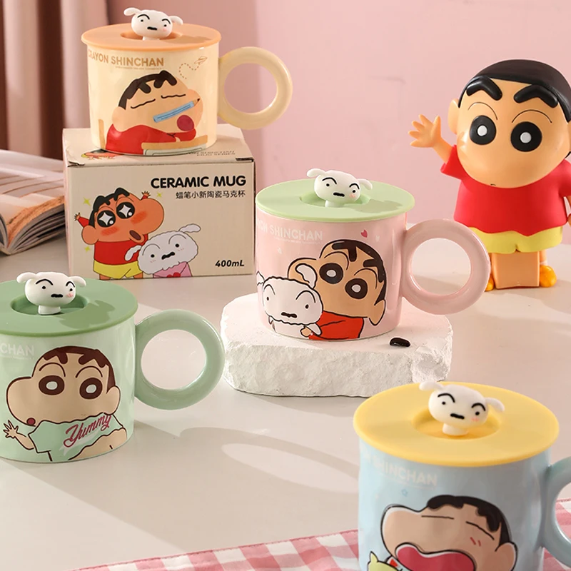 Cartoon Anime Crayon Shin-Chan 400Ml Ceramic Mug with Lid, Kawaii Couple Water Cup, Coffee Milk Cup