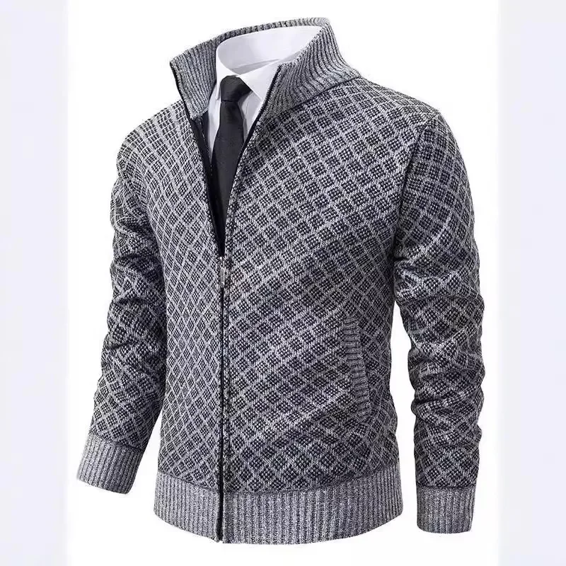 

Fleece Thickened Casual Cardigan Sweater Men's Stand Collar Wear Hooded Zipper Knitted Sweater Jacket