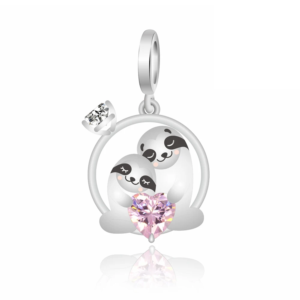 Double Sloths Embrace Pink Heart Zircon Charm Bead Fit Pandora Bracelet Women Jewelry DIY Original Design
