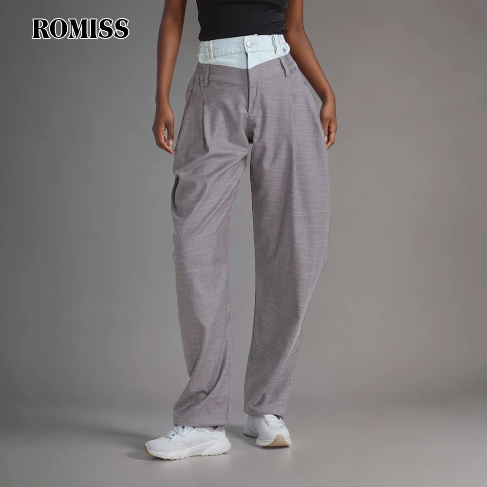 ROMISS Colorblock Pants For Women High Waist Patchwork Denim Irregular Casual Loose Trousers Female Autumn Clothing 2024 New