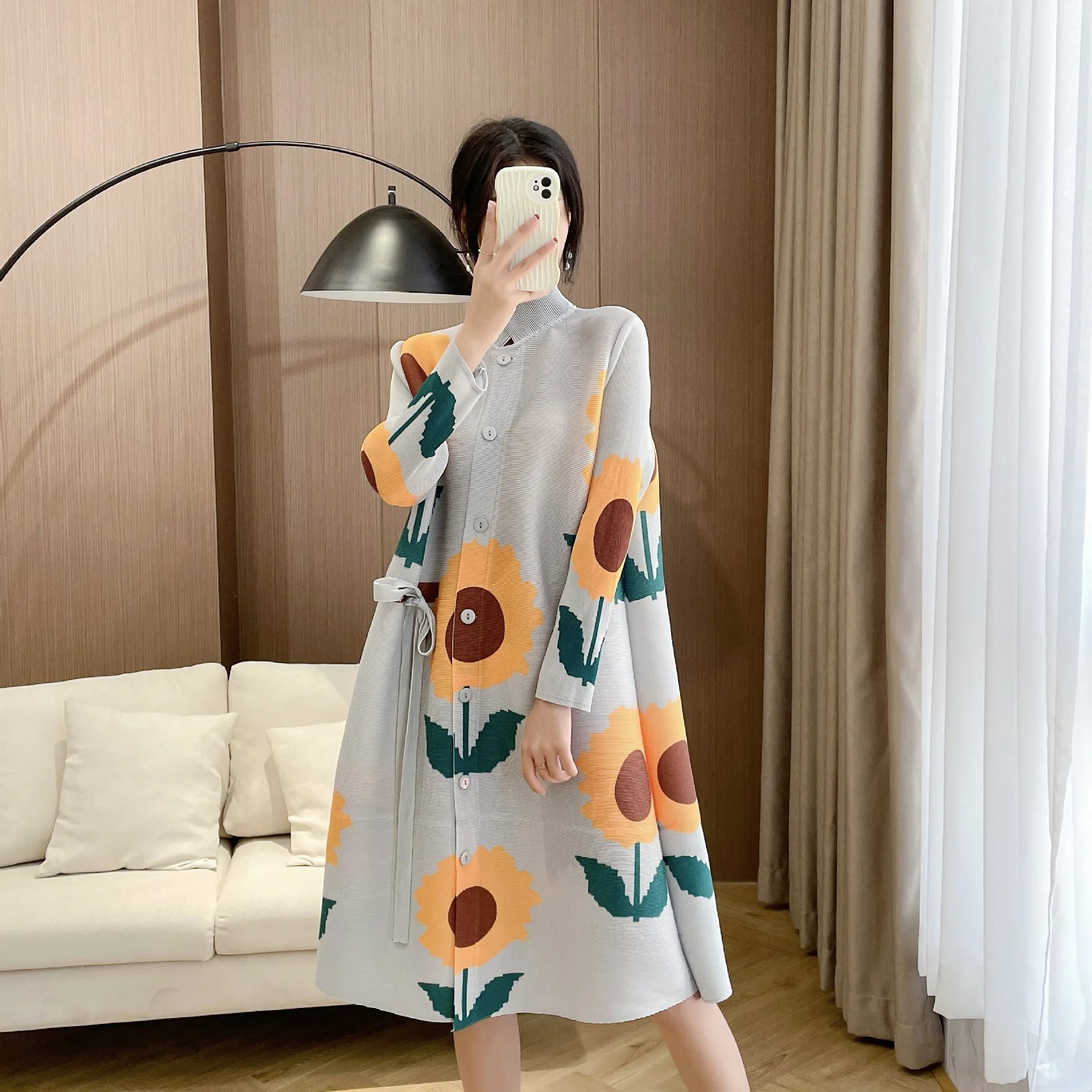 Miyake Fold 2023 Temperament Small Stand Collar Cardigan Two-wear Dress Mid-length Nine-point Sleeve Fashion Women's Clothing