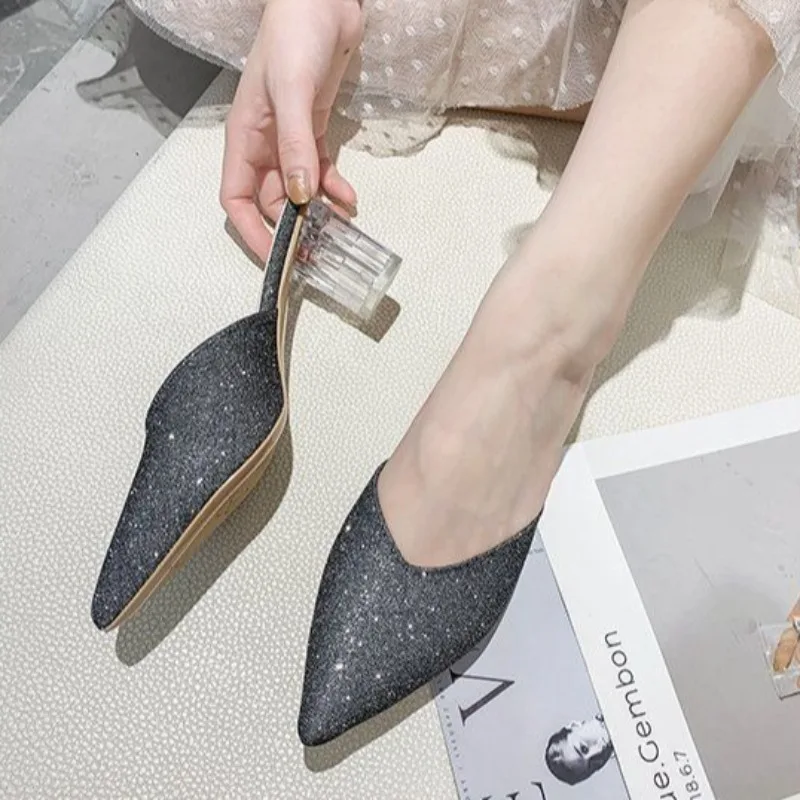 

Women Summer Transparent Closed Toe Half Slippers Trendy Pointed Toe Chunky High Heels Crystal Heel Fashionable Outdoor Sandals