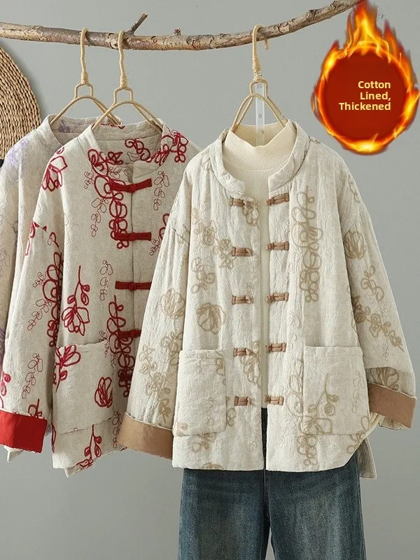 Authentic New Chinese Sle National Print Cotton Jaet Autumn Winter Thiened Long Sve Stand Collar Single Button Coat